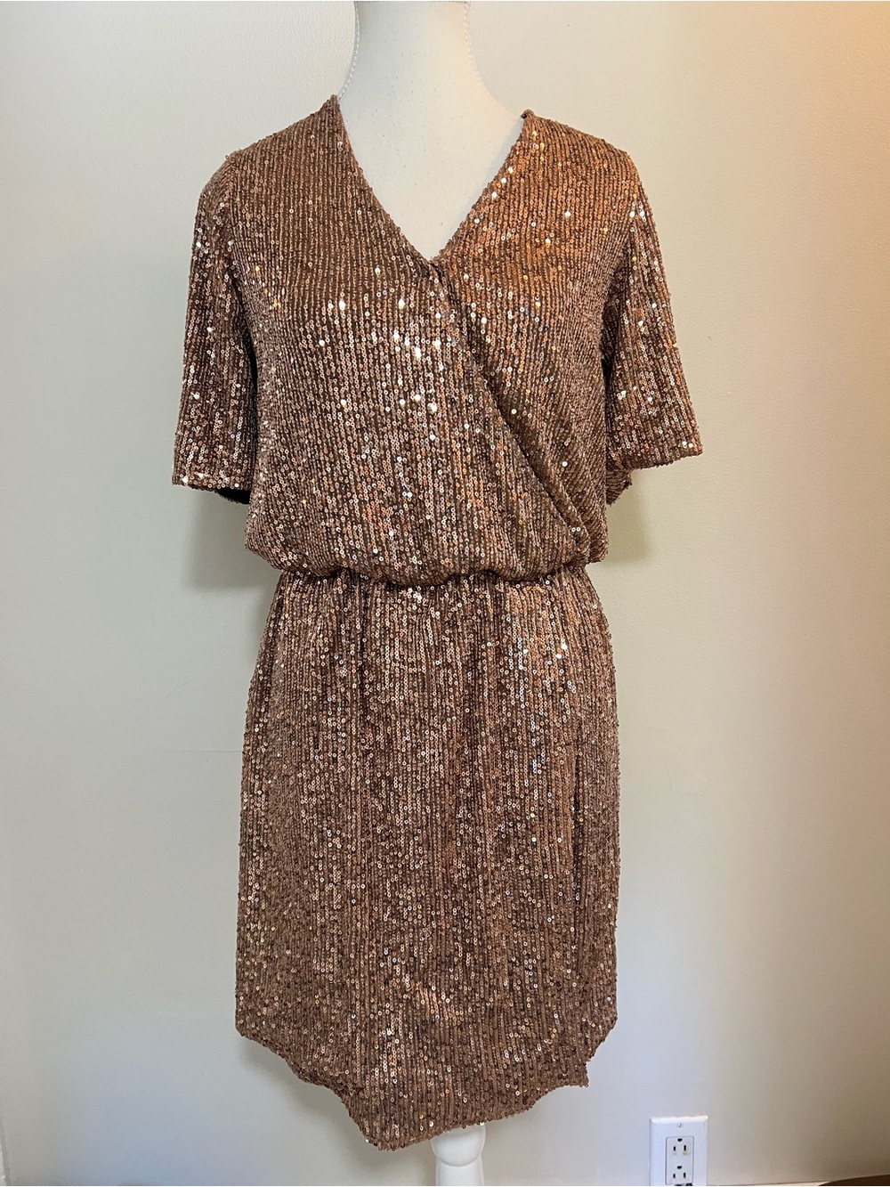 ESQUALO Rose Gold Sequin Wrap-Style Mini Dress